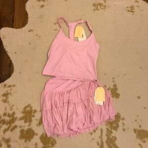 Pink corset top with matching mesh skirt